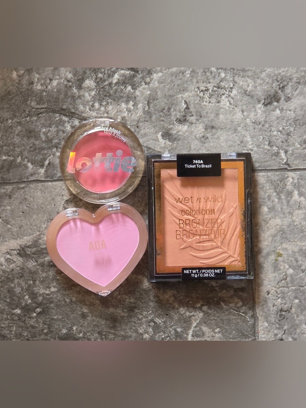 Wet n Wild Bronzer Ticket To Brazil, Lottie London Blush, AOA Studio Blush